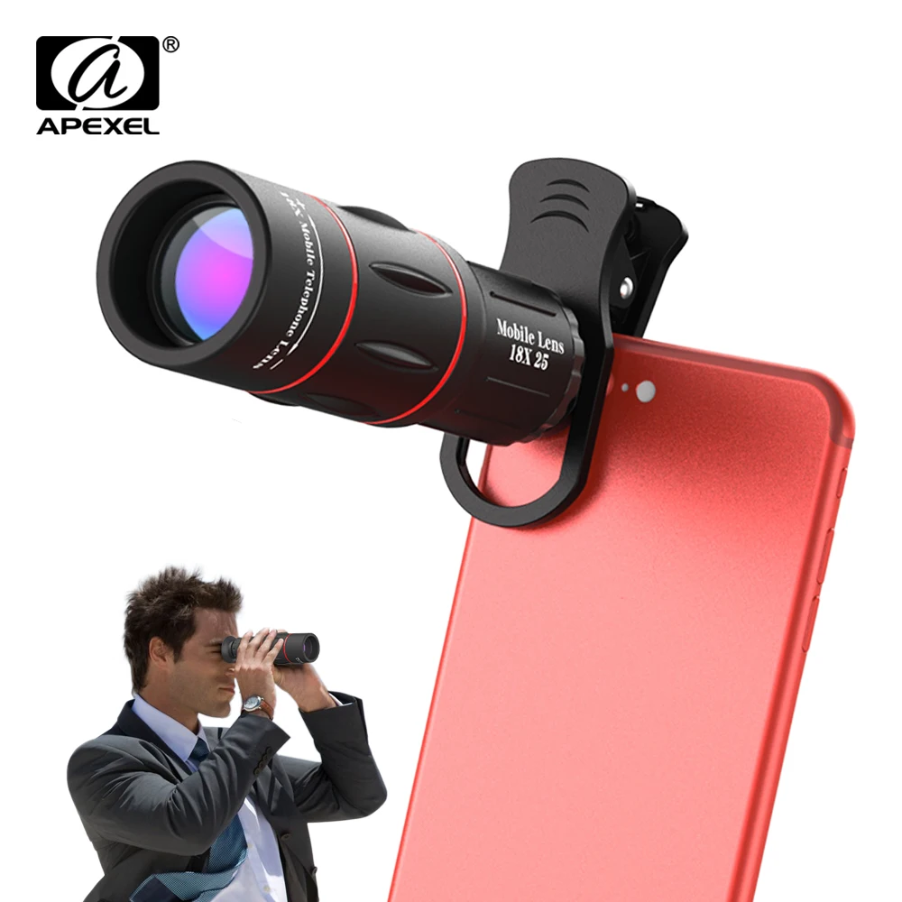 APEXEL Universal 18x25 단안 줌 HD 광학 휴대폰 렌즈 관찰 조사 스마트폰용 삼각대가 있는 18X 망원 렌즈