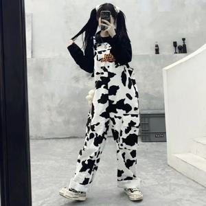 스트리트 힙합 하라주쿠 소녀 암소 프린트 여성용 원피스 블랙 화이트 격자 무늬 오버올 캐주얼 점프 슈트 바지 헐렁한 바지