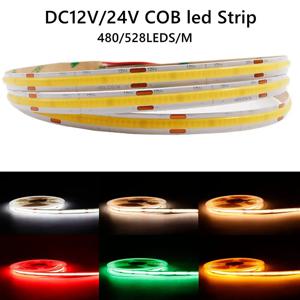 COB LED 스트립 조명 고밀도 유연한 FOB COB 480/528LED/m 조명 테이프 파란색/녹색/빨간색 선형 조광 가능 DC12V/24V