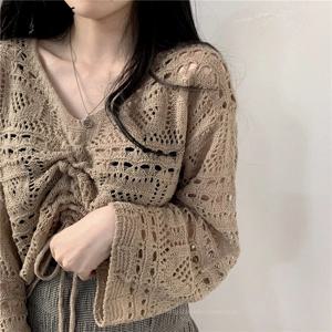 여성용 할로우 아웃 디자인 풀오버, 섹시한 상의, 올 매치 루즈 카키 V넥, 심플 시크, 한국 패션, 가을, 신상 스트리트웨어