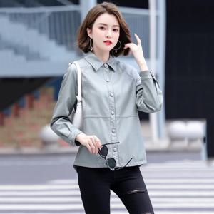새로운 여성 셔츠 스타일 가죽 재킷 봄 가을 패션 평상복 턴다운 칼라 분할 가죽 탑 코트 헐렁한 겉옷