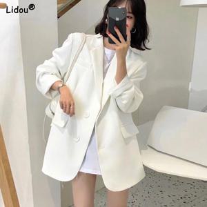 봄 Summerthin 느슨한 사무실 레이디 유행 솔리드 컬러 블레이저 버튼 포켓 노치 여성 의류 긴 소매 달콤한