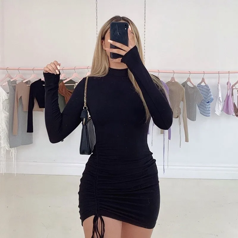 우아한 레이스 업 드레스 솔리드 플리츠 슬림 피트 파티 Bodycon 여성 섹시한 미니 드레스 퍼플 블랙 베스 티드