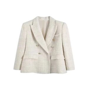 TRZA 여성 패션 트위드 더블 브레스트 블레이저 코트 빈티지 긴 소매 플랩 포켓 여성 겉옷 Chic Veste Femme