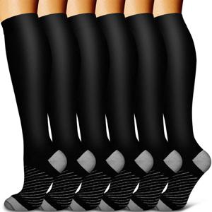 6 쌍 여성과 남성 구리 검정 압축 양말 피로 방지 통증 완화 졸업 압축 15-20mmHg 스포츠 양말