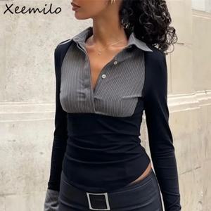 Xeemilo 공식 숙녀 스트라이프 프린트 패치워크 셔츠, 패션 폴로 넥 단추 스키니 크롭 탑, 2023 우아한 셔츠, 가을 신상