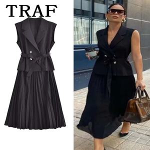 코르셋 드레스 여성 Pleated 조끼 여성을위한 긴 드레스 2024 민소매 사무실 파티 드레스 Ruched Midi 이브닝 드레스