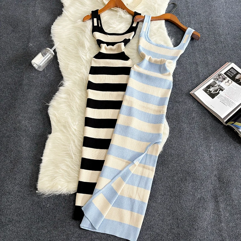 2024 스트라이프 여름 탄성 분할 Bodycon 복장 섹시한 해변 휴가 Sundress 여성 캐주얼 슬림 연필 Vestidos 맥시 롱 드레스