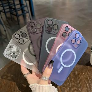 무광택 반투명 스킨 터치 iPhone 11 12 13 14 15 Pro Max 무선 충전 Magsafe 렌즈 필름 커버 용 초박형 슬림 PC 케이스
