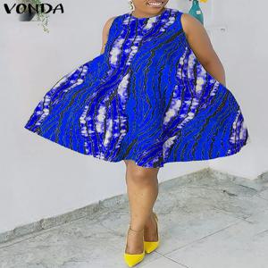 플러스 사이즈 여성 여름 드레스 2024 VONDA 민소매 인쇄 파티 Sundress 패션 짧은 드레스 캐주얼 루즈 Vestidos O 넥 가운