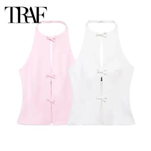 TRAF 2024 오프 숄더 홀터 탑 여성 핑크 화이트 크롭 탑 여성 보우 컷 아웃 민소매 백리스 탑 여성 섹시한 여름상의