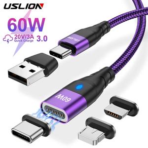 USLION 60W PD 고속 충전기 케이블 USB C-유형 C 마이크로 자기 데이터 코드 3A USB 케이블, iPhone 13 Macbook Huawei Samsung S22