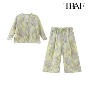 TRAF 여성 싱글 브레스트 브이넥 긴팔 셔츠 드로 스트링 하이 웨이스트 와이드 팬츠 레트로 프린트 코튼 린넨 정장 여름 얇은 캐주얼 패션 정장