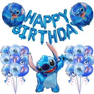 34pcs 블루 핑크 스티치 호일 풍선 세트 생일 축하 배너 풍선 베이비 샤워 어린이 만화 스티치 테마 생일 파티 장식
