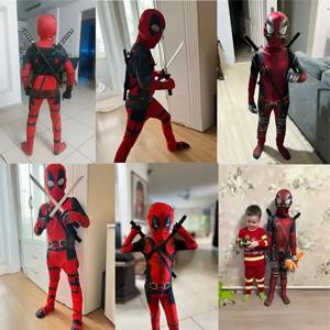 영화 Deadpoo 코스프레 어린이 의상 할로윈 카니발 파티 역할을위한 바디 수트 검 가방과 goutfit 재생