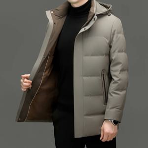 캐주얼 남성용 따뜻한 중간 길이 후드 화이트 덕 다운 재킷 2025 겨울 아웃웨어 방풍 패딩 코트 두꺼운 패딩 탑 의류