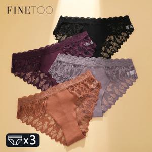 FINETOO 3Pcs 레이스 속이 빈 여성을위한 속옷 섹시한 낮은 허리 꽃 팬티 여성 보이지 않는 통기성 란제리 부드러운 친밀한