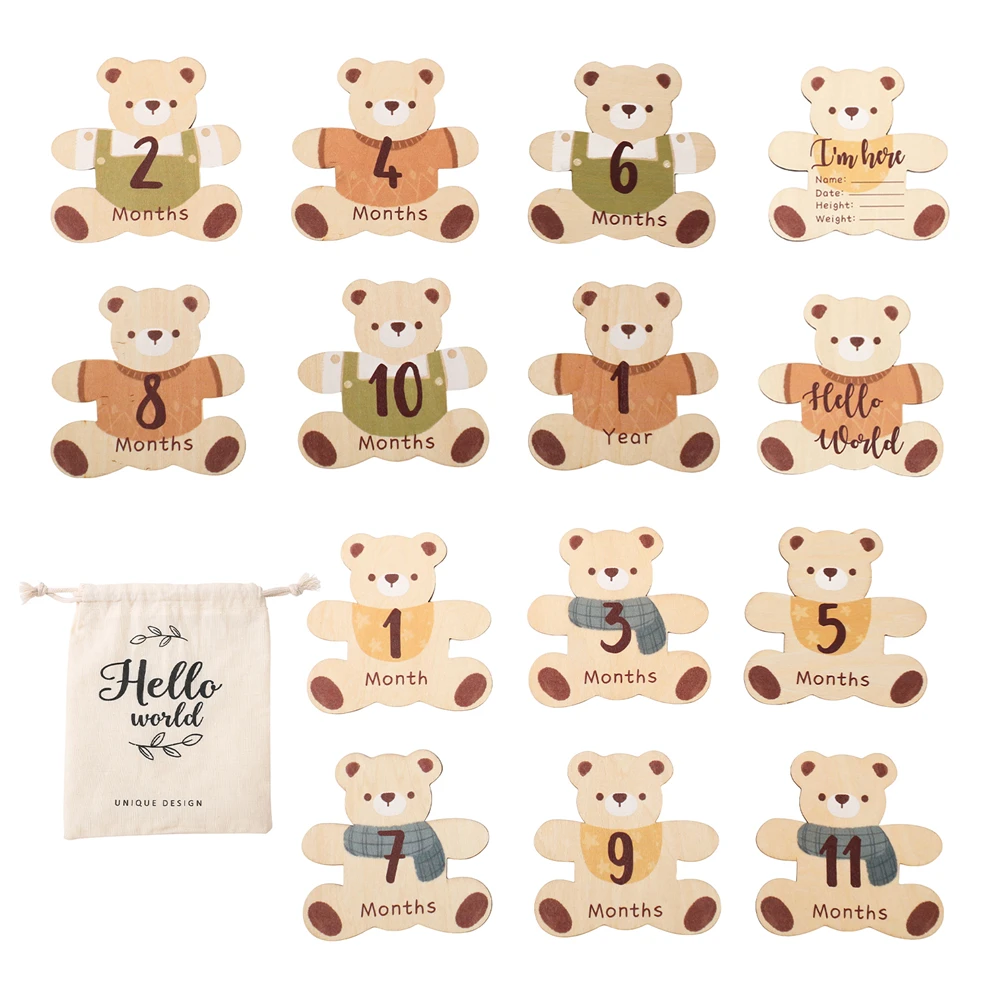 7PCS 아기 나무 월간 마일스톤 0-12 월간 귀여운 작은 곰 모양 사진 소품 액세서리 신생아 기념 선물