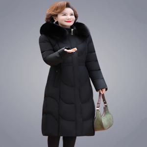 플러스 사이즈 롱 기장 두꺼운 오버니 다운 재킷 (중년 및 노년 여성용) 세련된 슬림핏 코튼 코트 (탈부착 후드 포함)