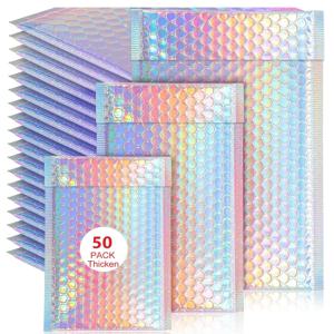 50Pcs 배송 가방 금속 버블 메일러 홀로그램 소규모 비즈니스 용품 포장 봉투 우편 사무실 학교