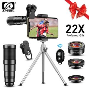 APEXEL 망원경 줌 렌즈, 매크로 와이드 어안 렌즈, HD 휴대폰 카메라 렌즈 키트, 아이폰 삼성용 원격 삼각대 포함, 4in 1, 22X, 신제품