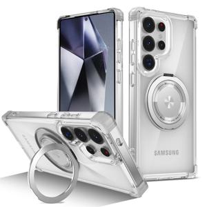 회전 자기 접이식 스탠드 삼성 S25 S24 S23 Plus FE Note 20 S21 Ultra Armor 충격 방지 커버 용 투명 전화 케이스