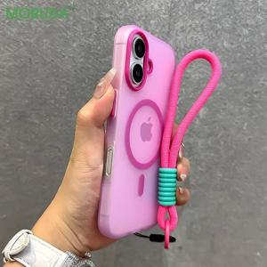 16E 초박형 매트 캔디 컬러 마그네틱 케이스 iPhone 16e 16 15 Pro Max 14 Plus 11 12 13 손목 스트랩 매는 밧줄 Magsafe 커버