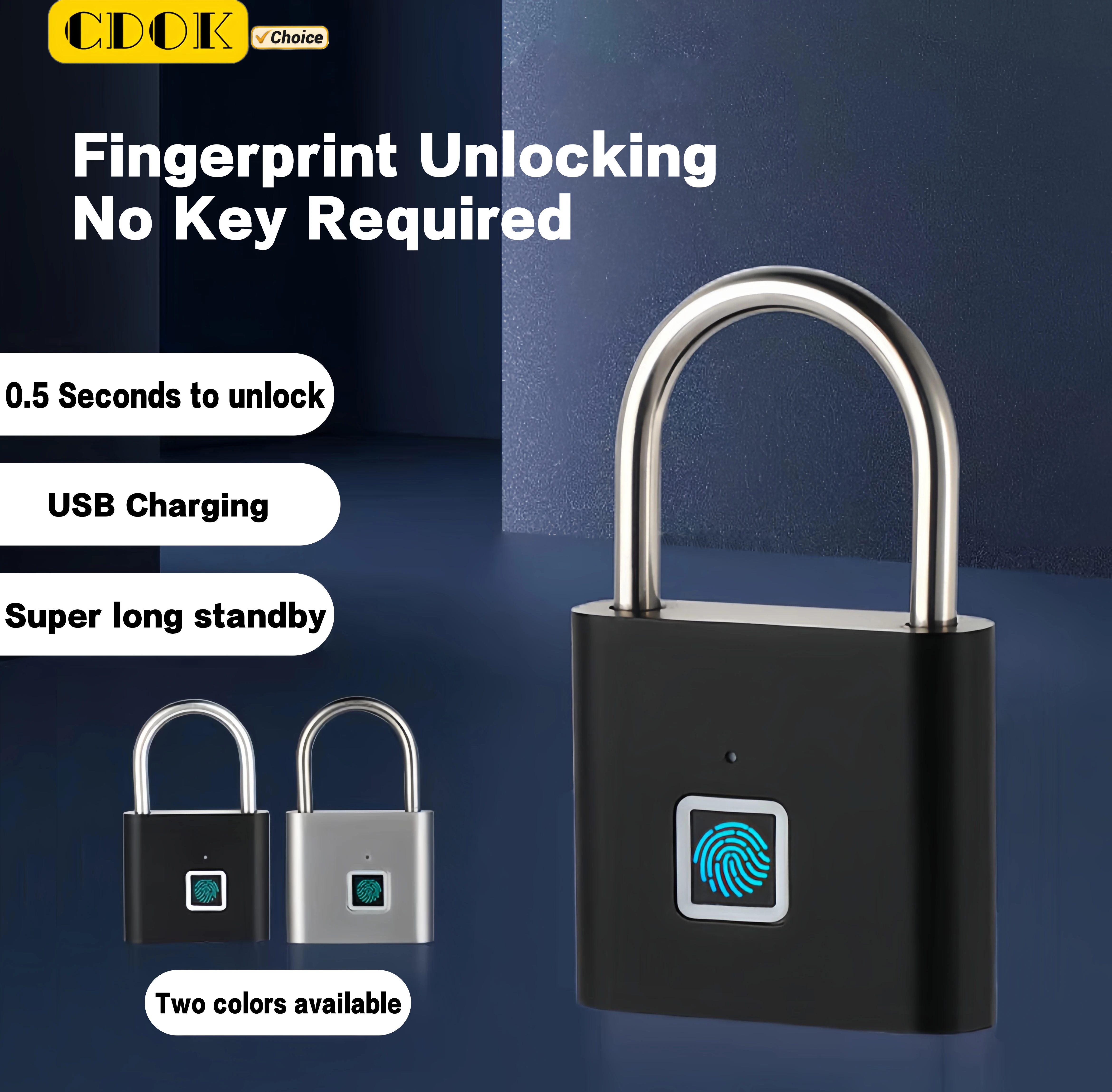 CDOK P2 스마트 지문 자물쇠, 방수 아연 합금 생체 자물쇠, 내장 충전식 배터리, USB 충전