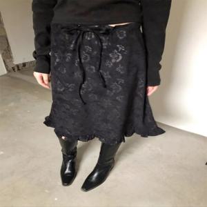 유니크 SEI 레트로 스트릿 다크 로즈 플로럴 프린트 레이스 밑단 미디 기장 슬리밍 다용도 하프 스커트 하이웨이스트 A라인 한국 스타일