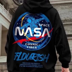 M-8XL 남성 풀오버 스웨터 루즈하고 패셔너블한 미국 복고풍 우주 비행사 NASA 패턴 프린트 후드티(벨벳 요새 포함)