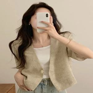 세련된 디자인 짧은 원 버튼 v 넥 여성 자켓 여름 복고풍 성격 정장 탑 편안한 루즈 피트 일반 두께
