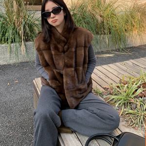 리얼 모피 조끼 코트 겨울 여성 스탠드 칼라 전체 밍크 모피 수평 패널 커피 민소매 자켓 Fourrure Casaco de Pele
