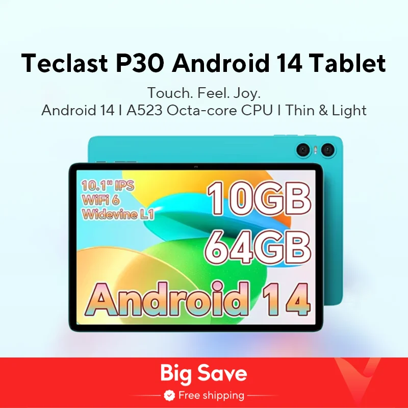 Teclast 안드로이드 14 태블릿, 10,1 인치 IPS 맥스, 10GB RAM, 64GB ROM, A523 옥타코어, TUV 라인랜드 인증 태블릿, 와이파이 6, P30