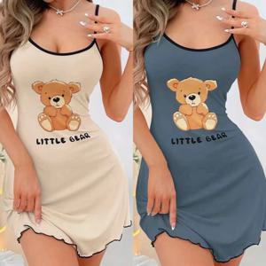 Womens Cute Little Bear 프린트 캐미 나이트 가운 스파게티 스트랩 수면 드레스 미니 샐러드 밑단 대비 트림 Loungewear Y2K Style