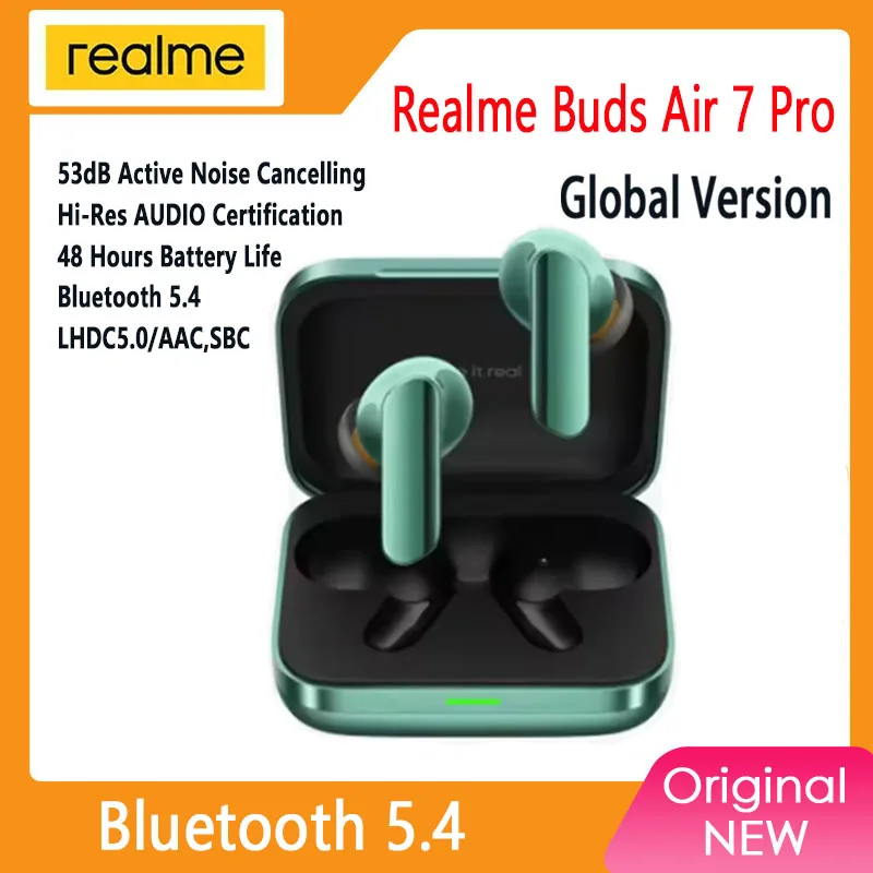 글로벌 버전 realme Buds Air 7 Pro 53dB 능동형 소음 차단 진정한 무선 이어폰 48시간 배터리 Bluetooth 5.4 헤드폰