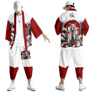 투피스 슈트 9 꼬리 여우 프린트 기모노 크로프트 팬츠 세트 여성 남성 일본 하오리 streetwear 카디건 유카타 코스프레