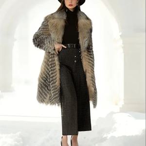 빅 칼라가 있는 천연 여우 모피 스트라이프 코트, 모피 플러피 코트, 롱, 리얼, 블루 컬러, 그린, 레드, 220610