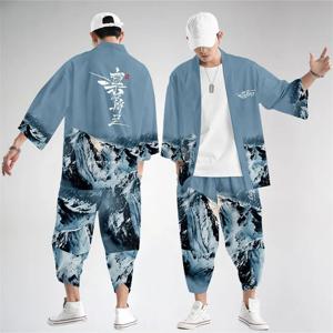 투피스 슈트 XXS-6XL 느슨한 일본 카디건 여성 남성 코스프레 유카타 의류 하라주쿠 사무라이 기모노 + 바지 세트