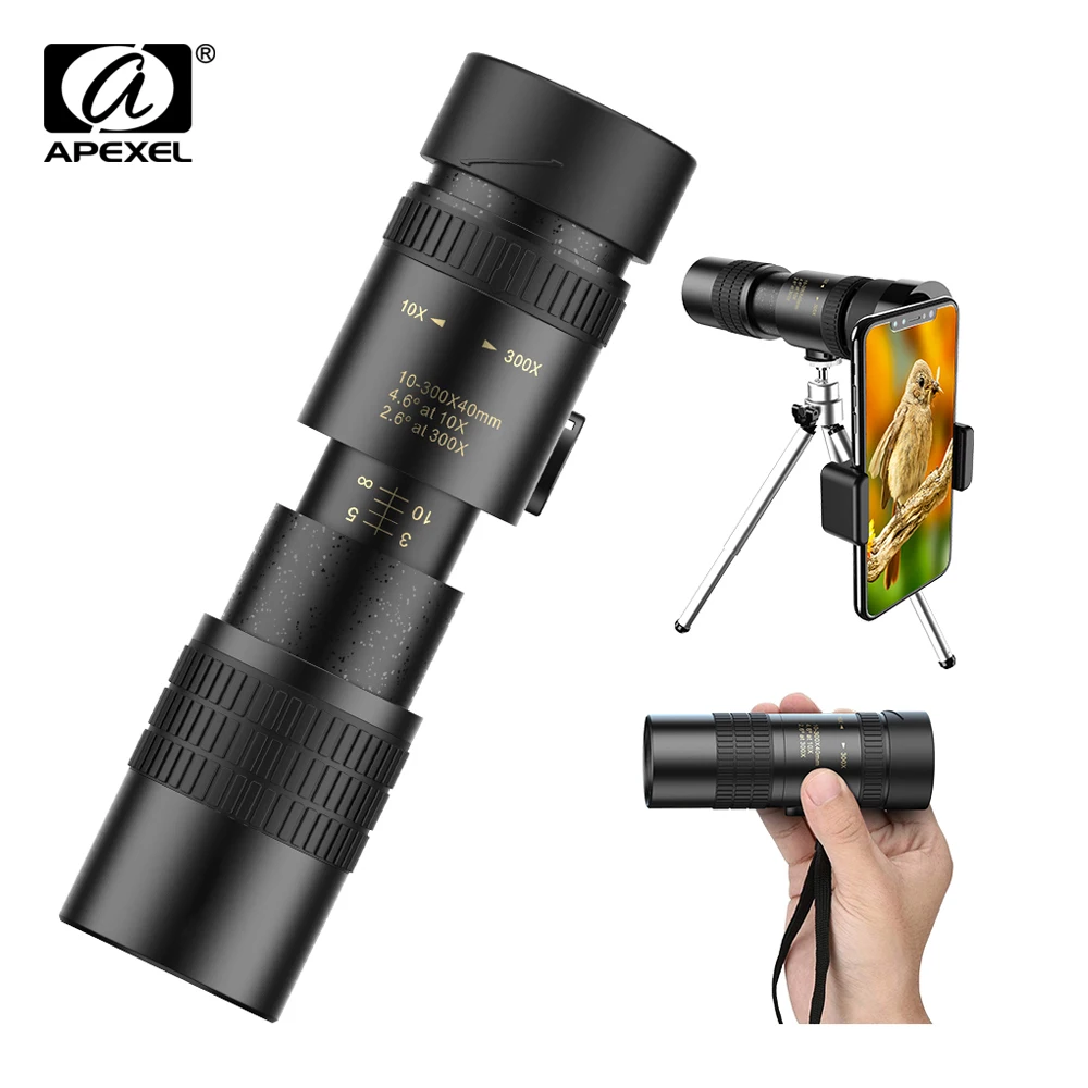 APEXEL HD 10-300 배 줌 망원 렌즈, 장거리 강력한 접이식 망원경 렌즈, 모든 스마트폰용, 사냥 캠핑 야외