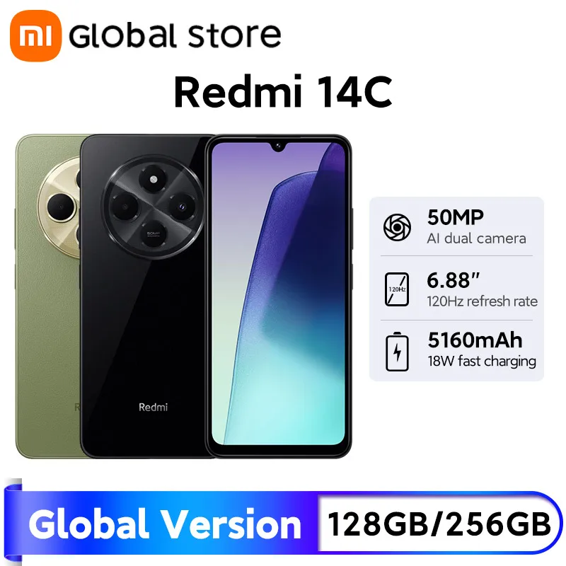 글로벌 버전 Xiaomi Redmi 14C 스마트폰 MediaTek Helio G81-Ultra 6.88'' 120Hz 디스플레이 5160mAh 배터리 50MP AI 듀얼 카메라