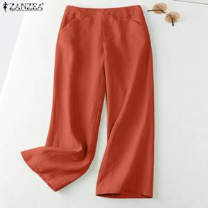 ZANZEA 여성용 코튼 린넨 롱 팬츠, 와이드 레그 플레인, 홀리데이 캐주얼 팬츠, 스트리트웨어, 용수철 패션, 2023 가을 여름