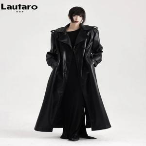 Lautaro 여성용 엑스트라 롱 블랙 소프트 PU 가죽 트렌치 코트, 더블 브레스트 루즈 캐주얼 한국 패션 2024, 용수철 가을