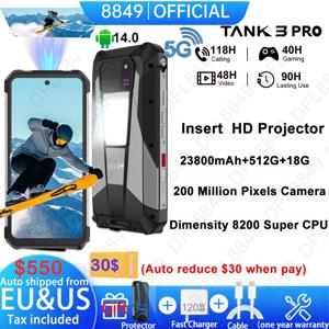 8849 Tank 3 Pro by Unihertz 견고한 프로젝터 스마트폰 안드로이드 23800mAh 32/36GB RAM 512GB ROM 5G 120W 충전기 OTG 전화