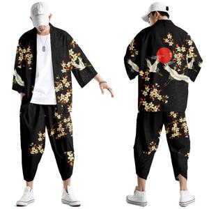 투피스 양복 특대 XXS-6XL 일본식 패션 기모노와 바지 세트 남성 카디건 블라우스 하오리 오비 아시아 옷