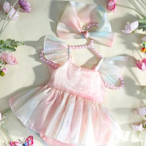 Ylsteed 신생아 사진 소품 레인보우 아기 소녀 그라디언트 색상 Romper 사진 촬영을위한 Pleated 치마 일치하는 머리띠