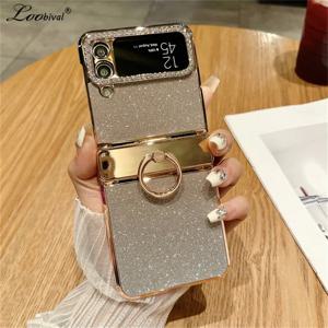 삼성 갤럭시 Z 플립 6 5 4 3 ZFlip Flip4 Flip5 브래킷 블링 다이아몬드 그라데이션 도금 커버에 대한 반짝이 링 홀더 스탠드 케이스