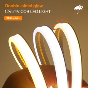 COB LED 스트립 조명 양면 발광, 방수, 유연한 LED 네온 테이프, 320LED 고밀도 선형 조명, 0.5-20m, 12V, 24V