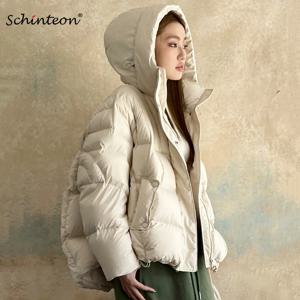 Schinteon 여성 다운 재킷 캐주얼 오버 사이즈 가을 겨울 아웃웨어 후드 따뜻한 화이트 오리 다운 소프트 코트 2024 신규