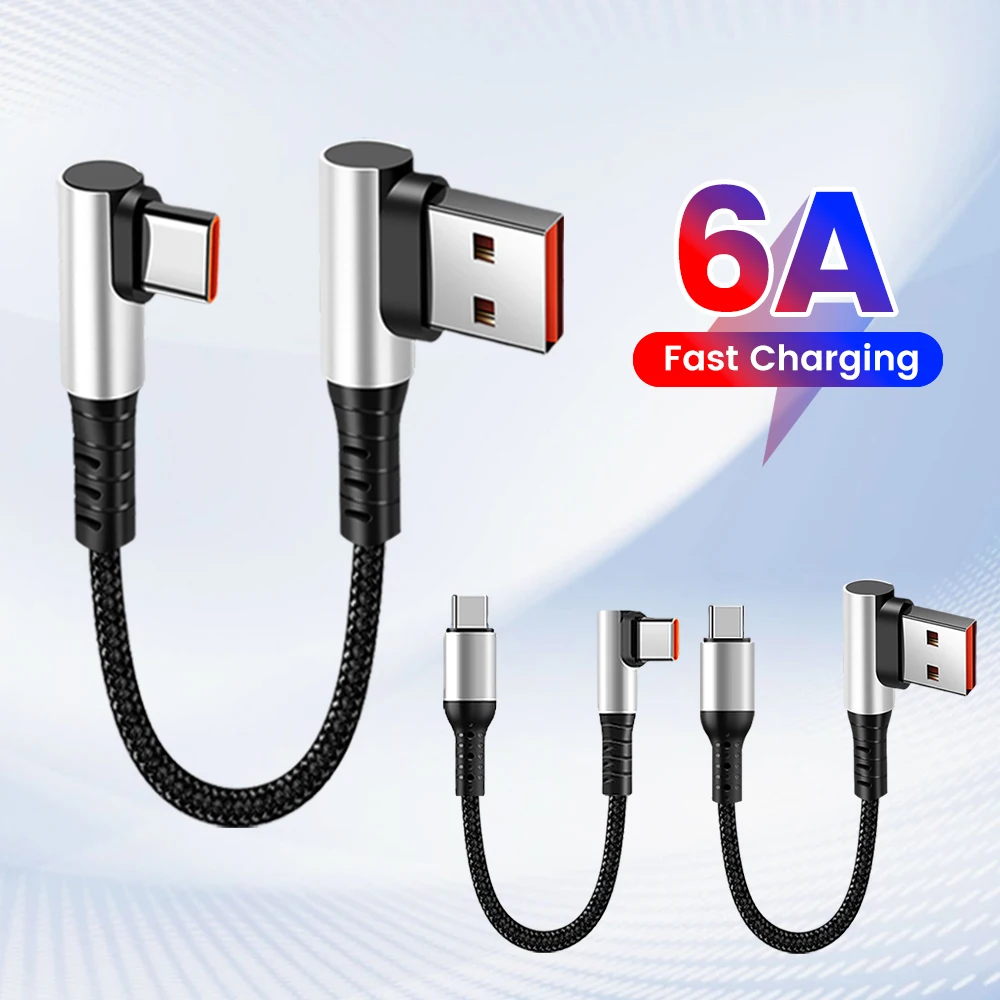 6A 0.25 0.5M 짧은 케이블 90도 팔꿈치 USB A 유형 C 유형 C 케이블 iPhone 15 IPad 용 고속 충전 데이터 코드 전원 은행 와이어