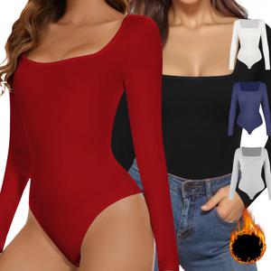 여성 스퀘어 넥 바디 슈트 긴 소매 Shapewear Tummy Control 바디 셰이퍼 레이디 streetwear 여성 따뜻한 의류 가을 겨울